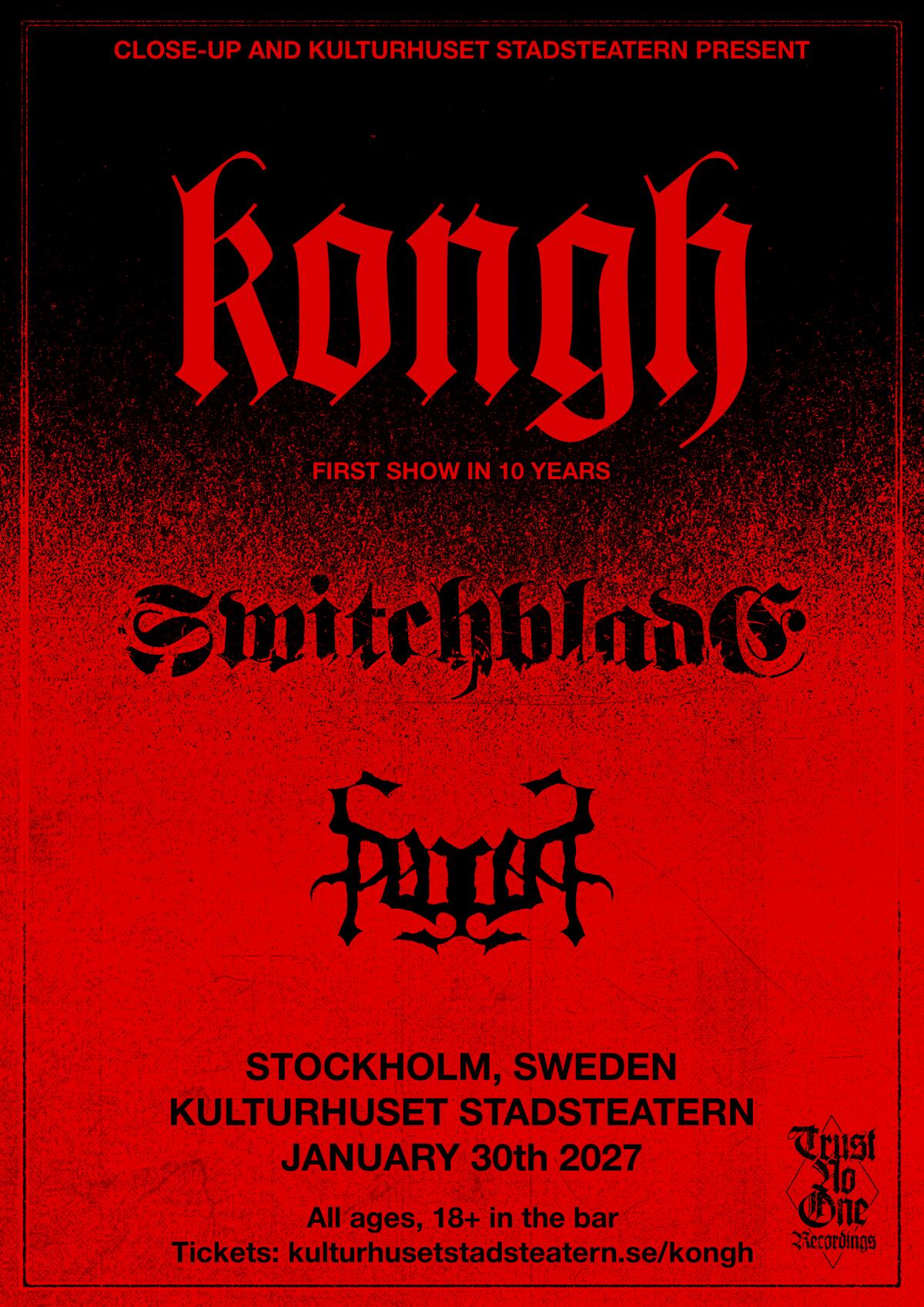 Poster: Kongh, Switchblade and Speglas at Kulturhuset Stadsteatern, Stockholm, January 30, 2027